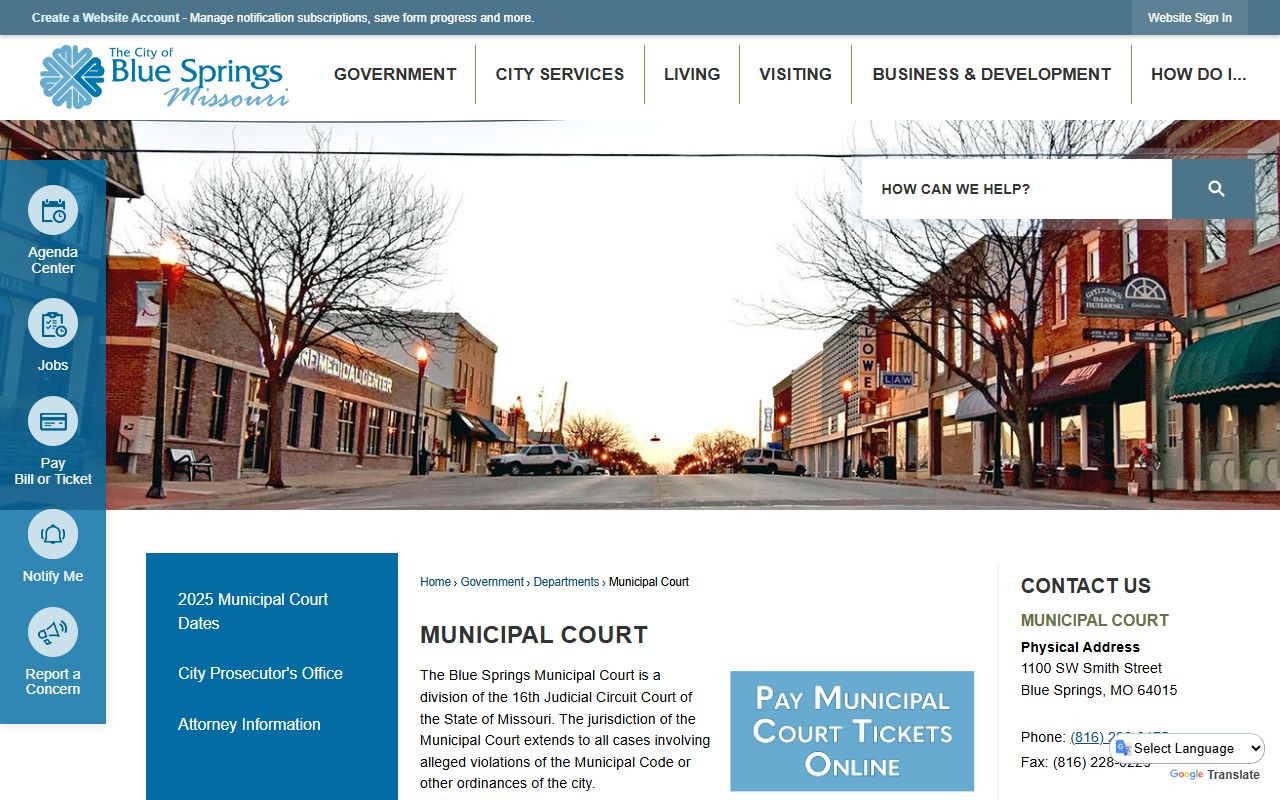 Blue Springs Missouri Municipal Court website showing traffic court information and contact details