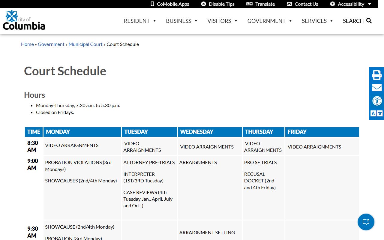 Columbia Municipal Court schedule page for traffic court hearing dates