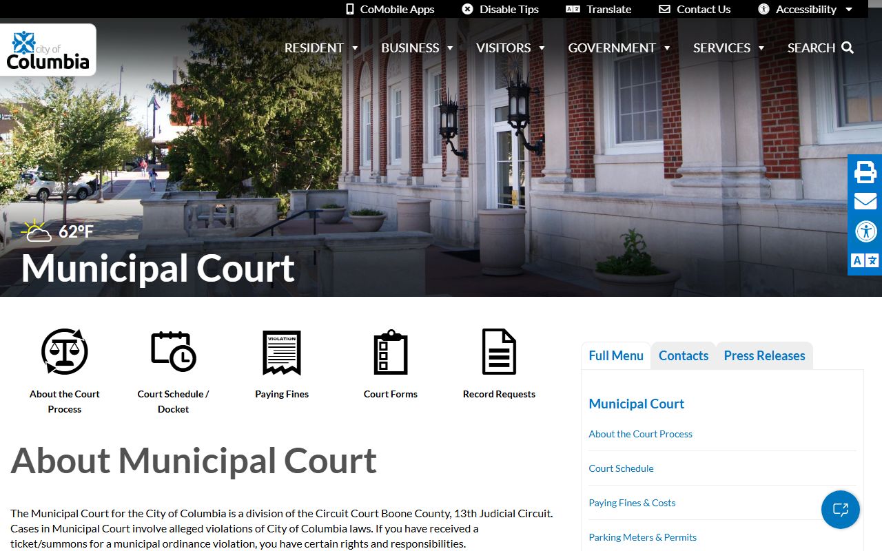 Columbia Missouri Municipal Court website showing traffic court information and contact details