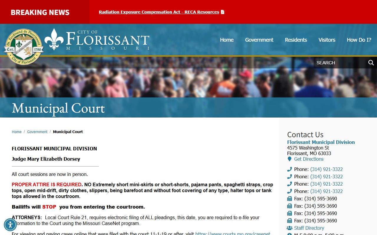 Florissant Missouri Municipal Court department page showing traffic court information and procedures