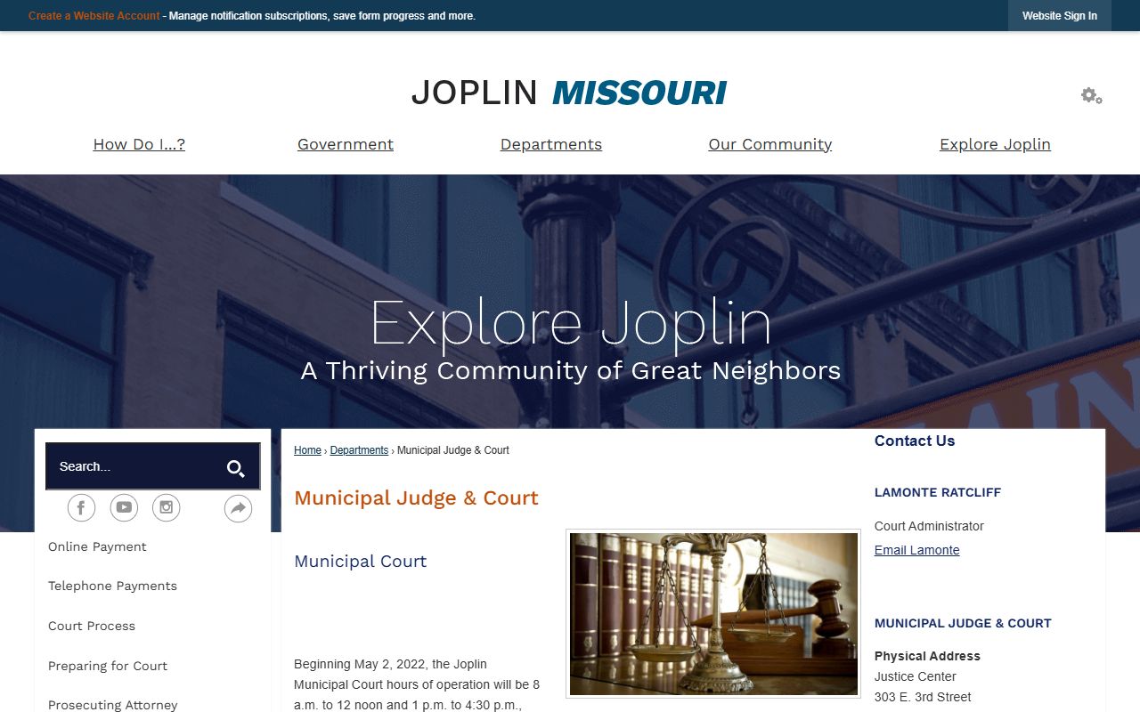 Joplin Missouri Municipal Court website showing traffic court procedures and contact details