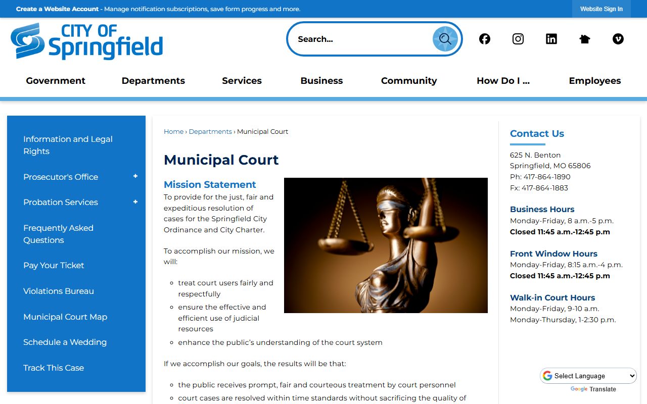 Springfield Missouri Municipal Court website showing traffic court information