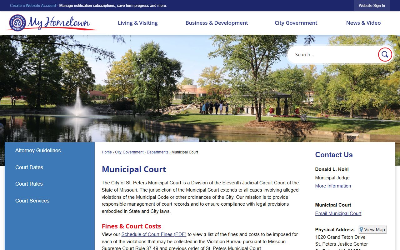 St. Peters Missouri Municipal Court website showing traffic court information and contact details