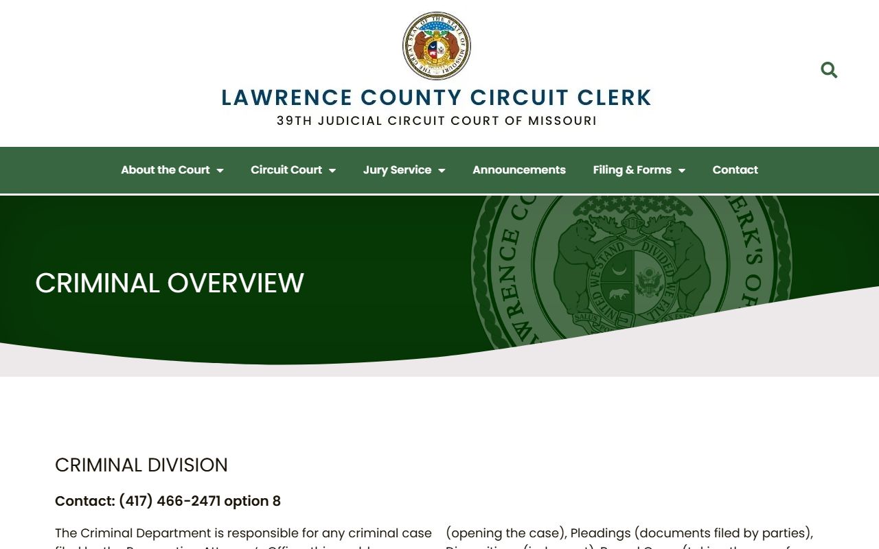 Lawrence County 39th Circuit criminal and traffic division page for Lawrence County traffic court records