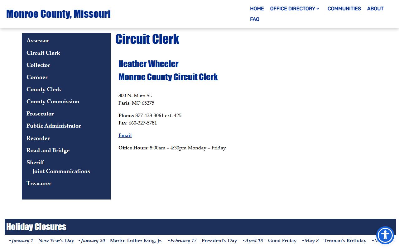 Monroe County Missouri Circuit Clerk page for traffic court records reference
