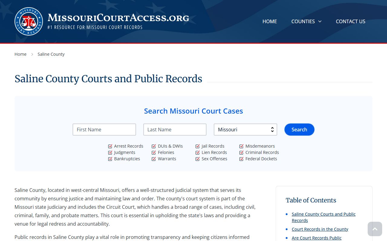 Missouri Court Access Saline County page for traffic court records search