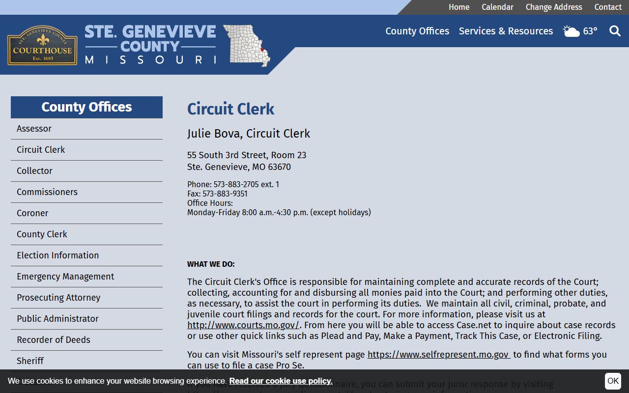 Ste. Genevieve County Circuit Clerk page for traffic court records access
