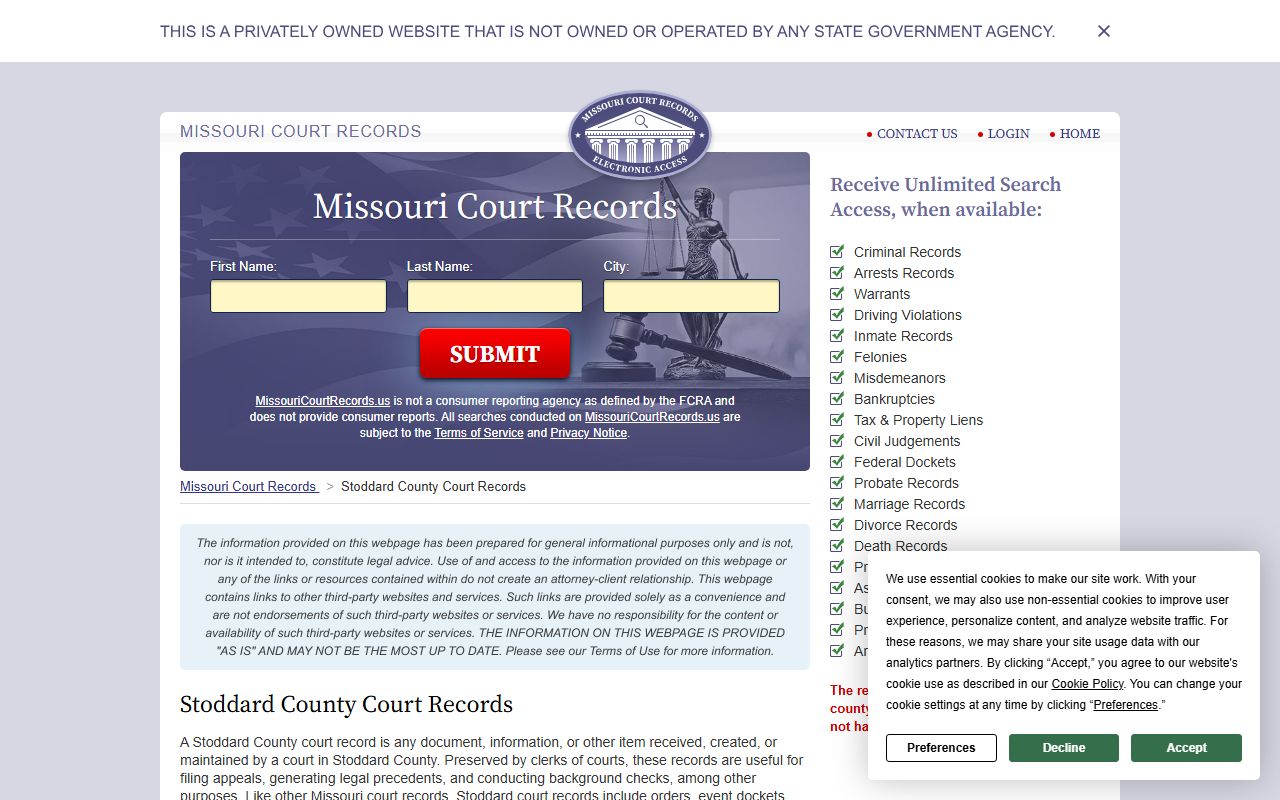 Stoddard County court records reference page for Stoddard County traffic court records