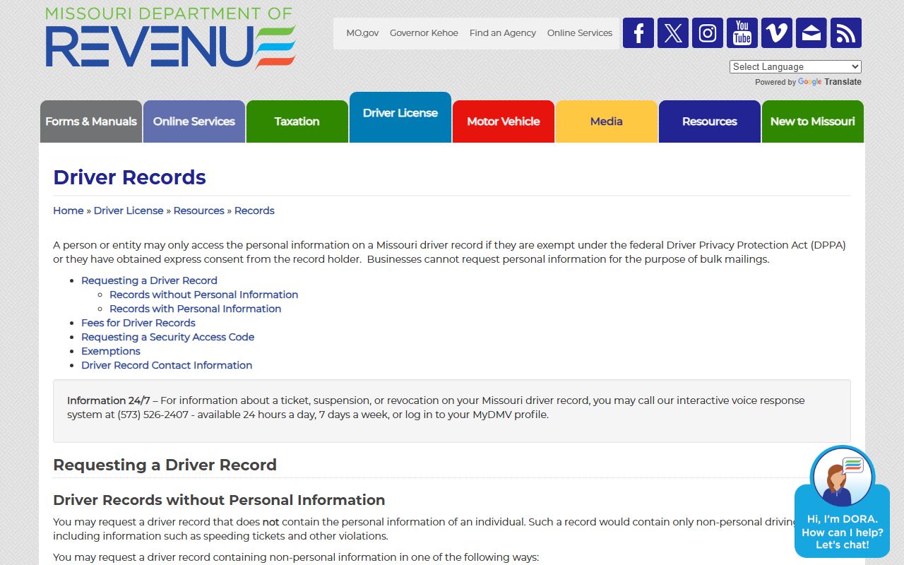 Missouri Department of Revenue driver records request page