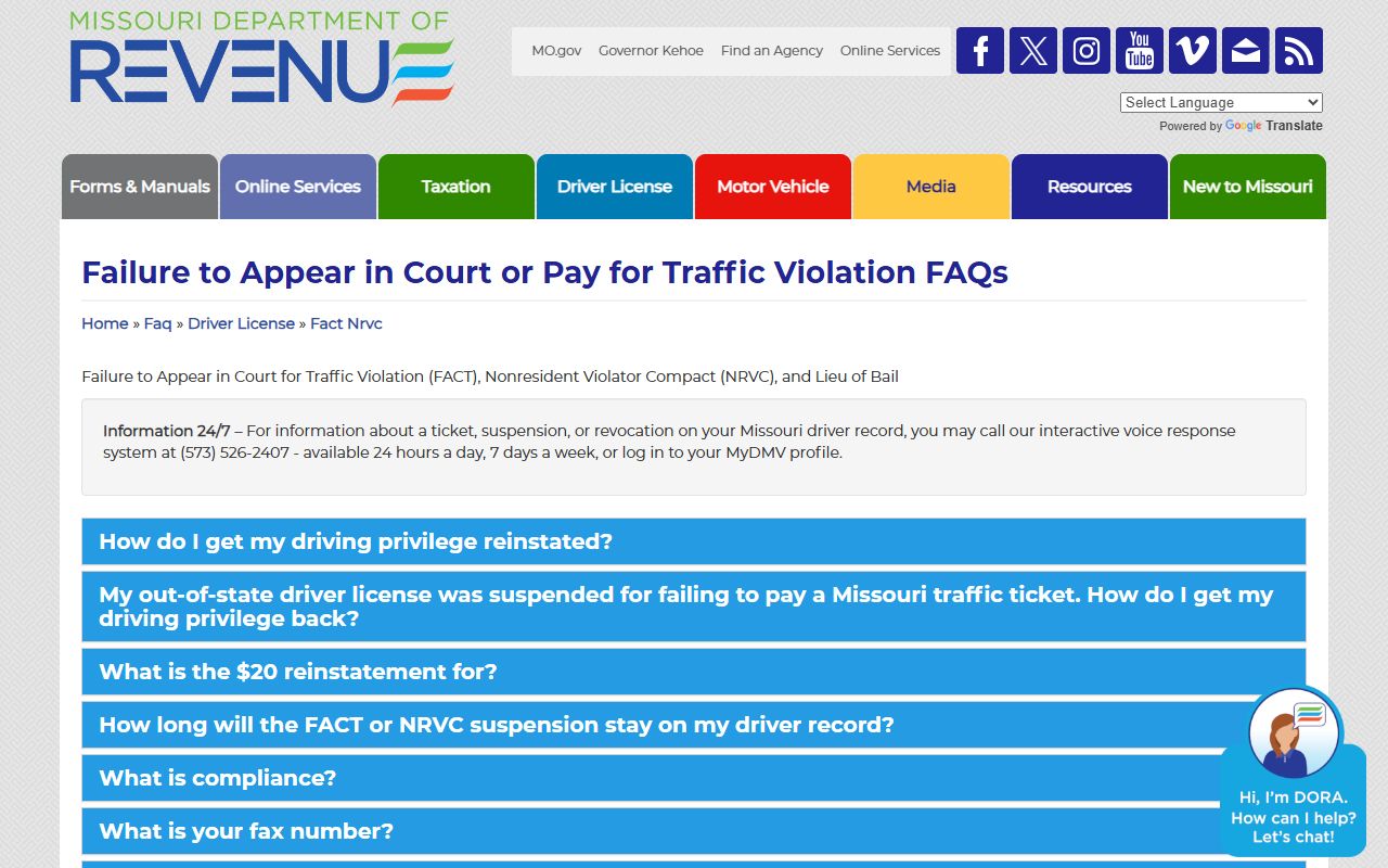 Missouri Department of Revenue failure to appear and FACT suspension FAQ page