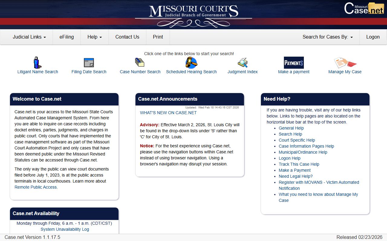 Missouri CaseNet portal homepage for searching traffic court records